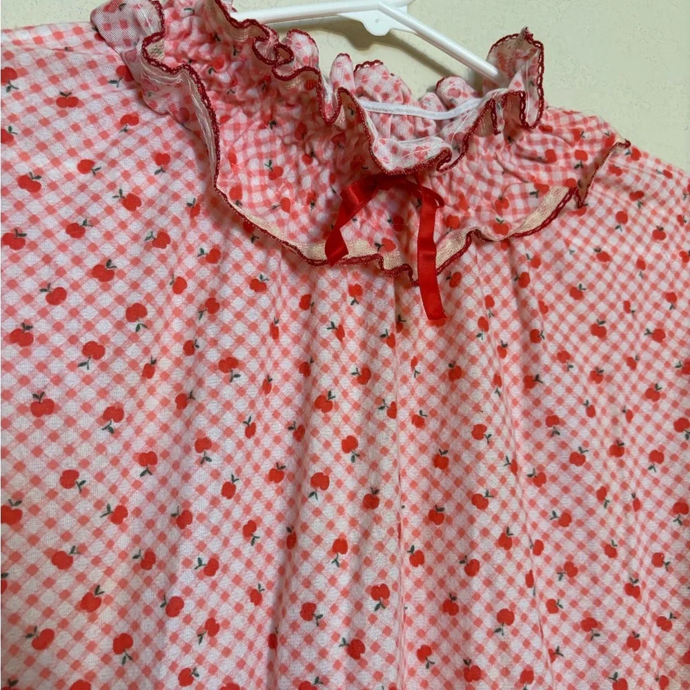 Vintage 70s Apple Gingham Long Sleeve Maxi Night Gown - Picture 3 of 5
